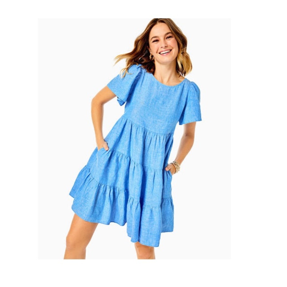 Lilly Pulitzer Light Blue Tiered Mini Dress with pockets Size XL EUC